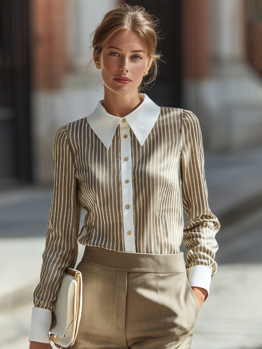 Long Sleeve Color Block Collar Striped Top