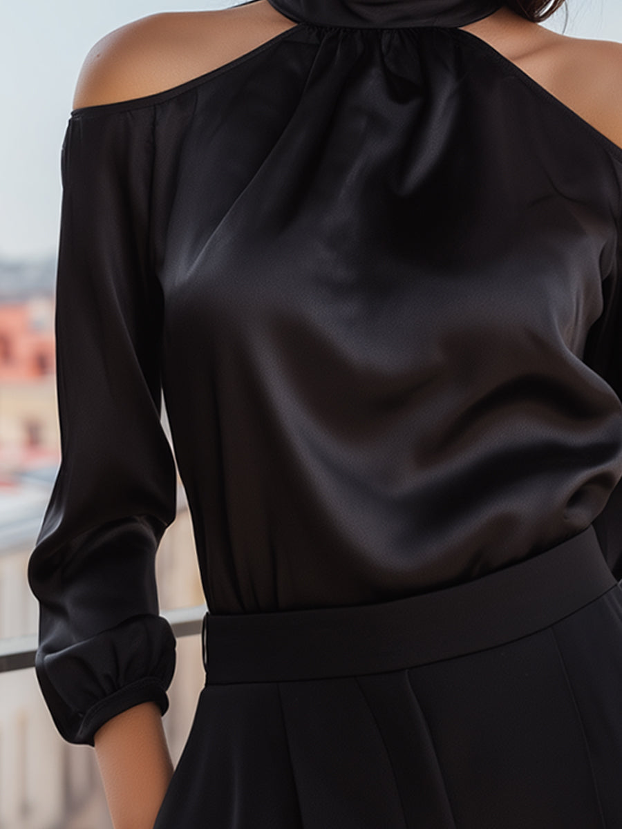 Mock Neck Open-Shoulder Long Sleeve Top