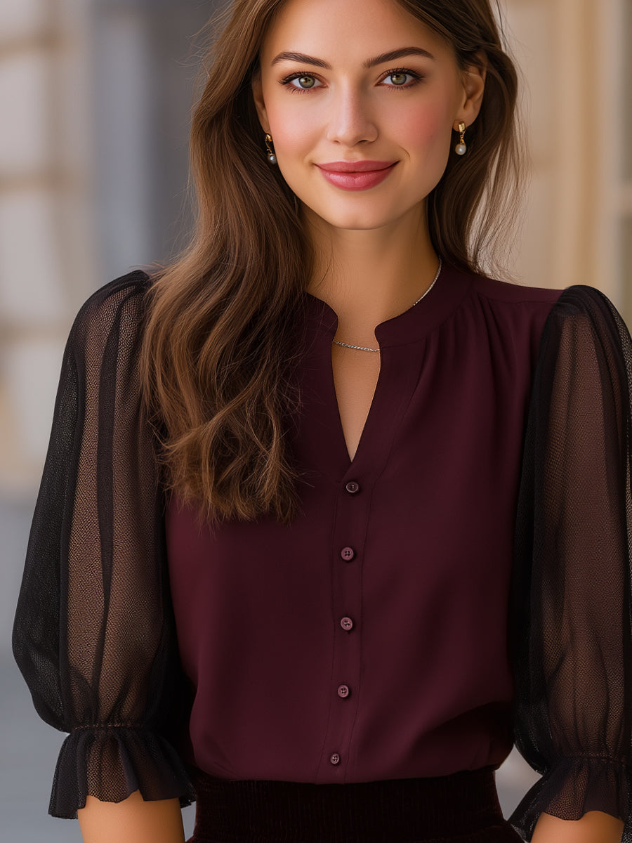 Lightweight Ruffled Sleeve Button-Down Top