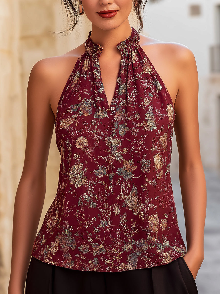 Halter-Neck Floral Pattern Top Featuring Keyhole Accent