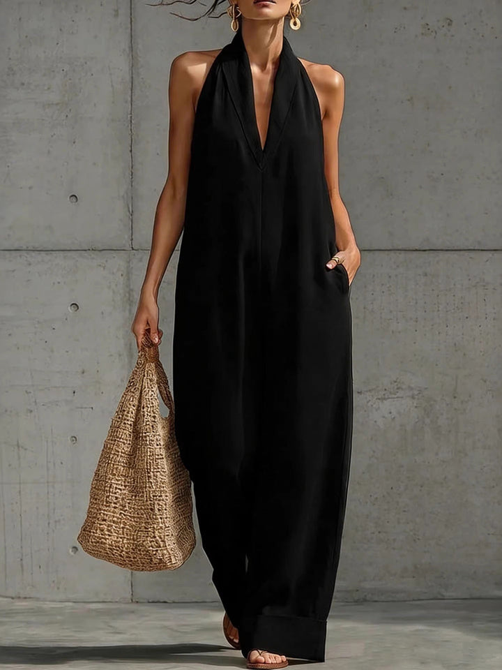 High Waisted Sleeveless Pockets Solid Color V-Neck Jumpsuits
