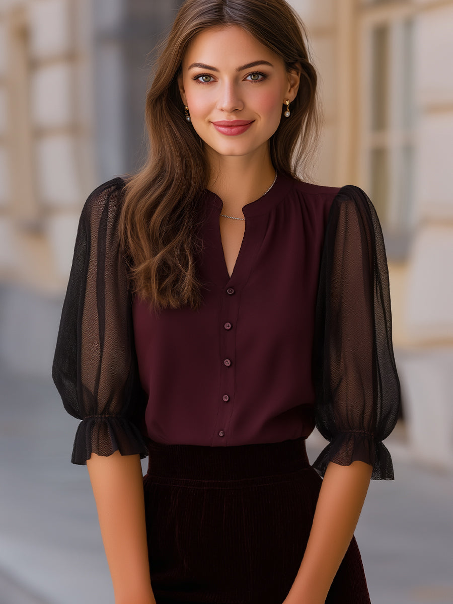 Lightweight Ruffled Sleeve Button-Down Top