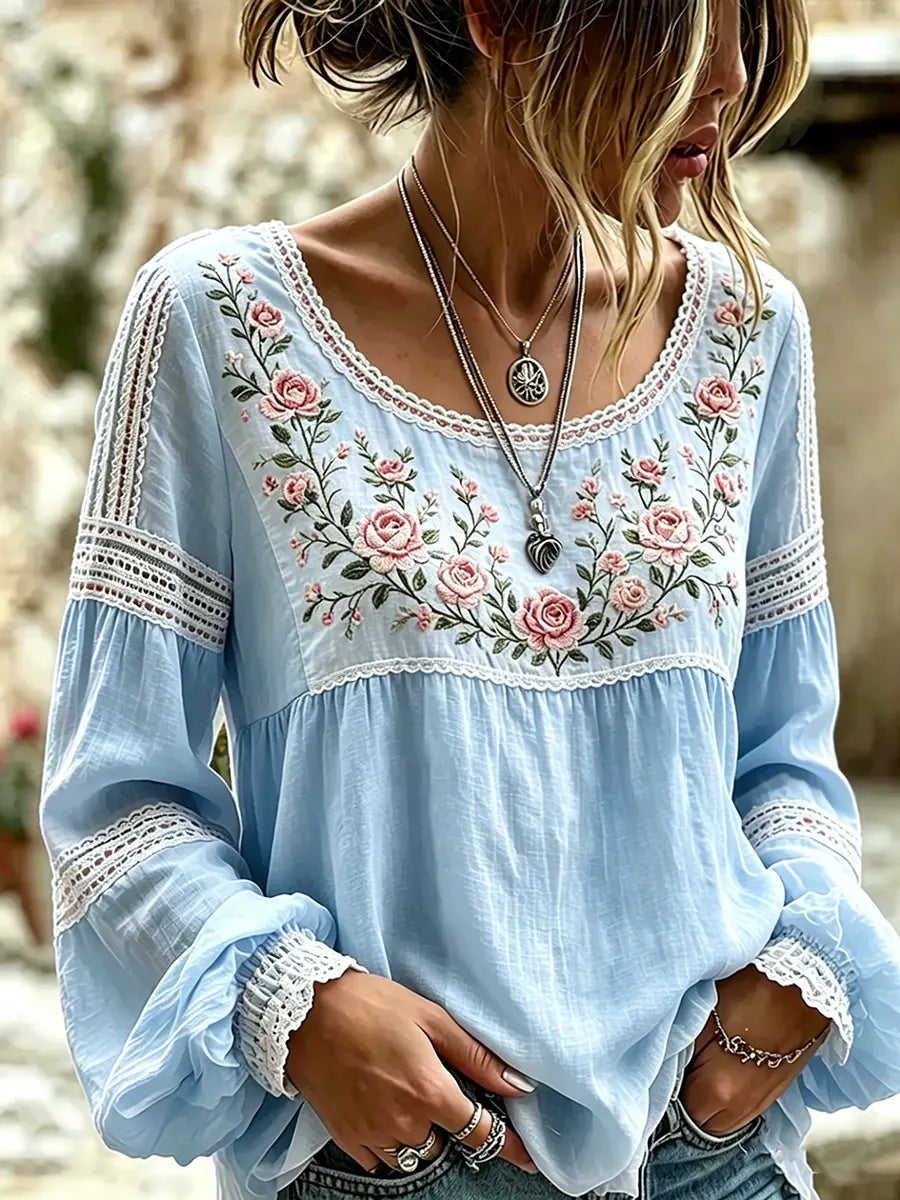 Mireille | Linen Blouse with Rose Embroidery, Square Neck & Lace Inserts