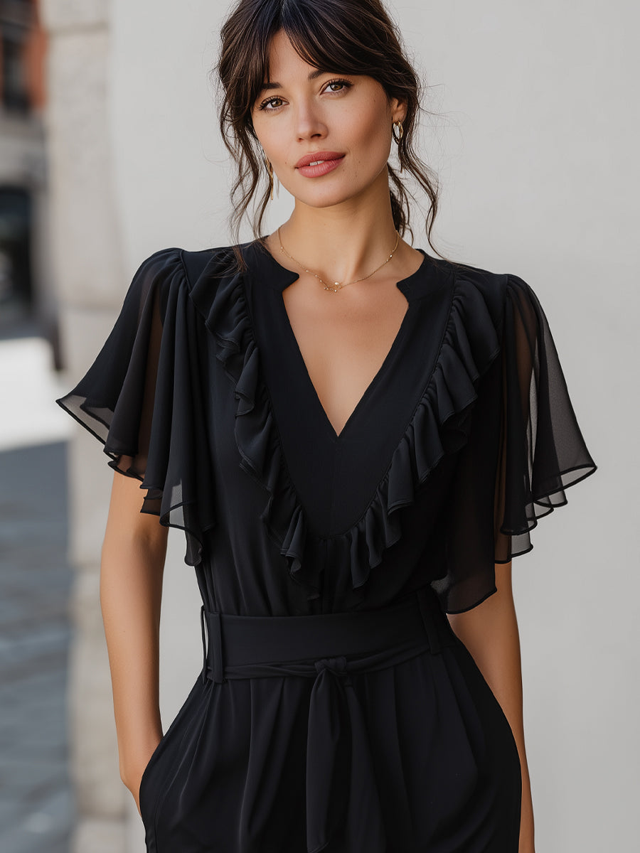 V-Neck Ruffled Silk Cap Sleeve Top