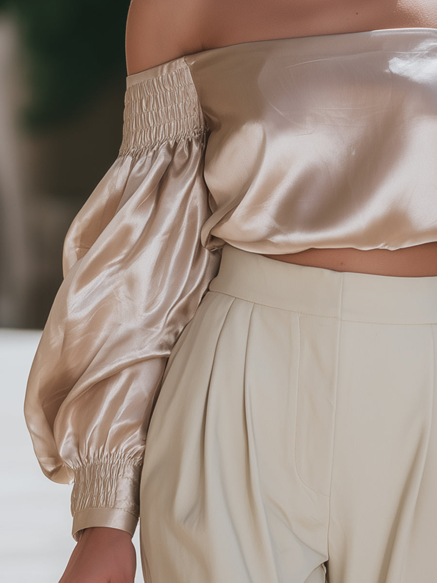 Chiffon-Texture One-Shoulder Top With Ruffled Cuffs