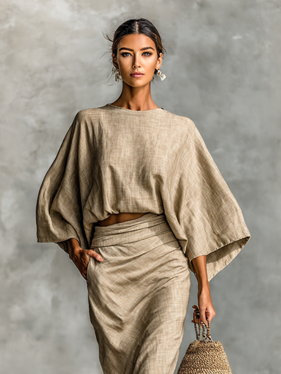 Two-piece ensemble featuring a flowing maxi skirt and oversized batwing sleeves