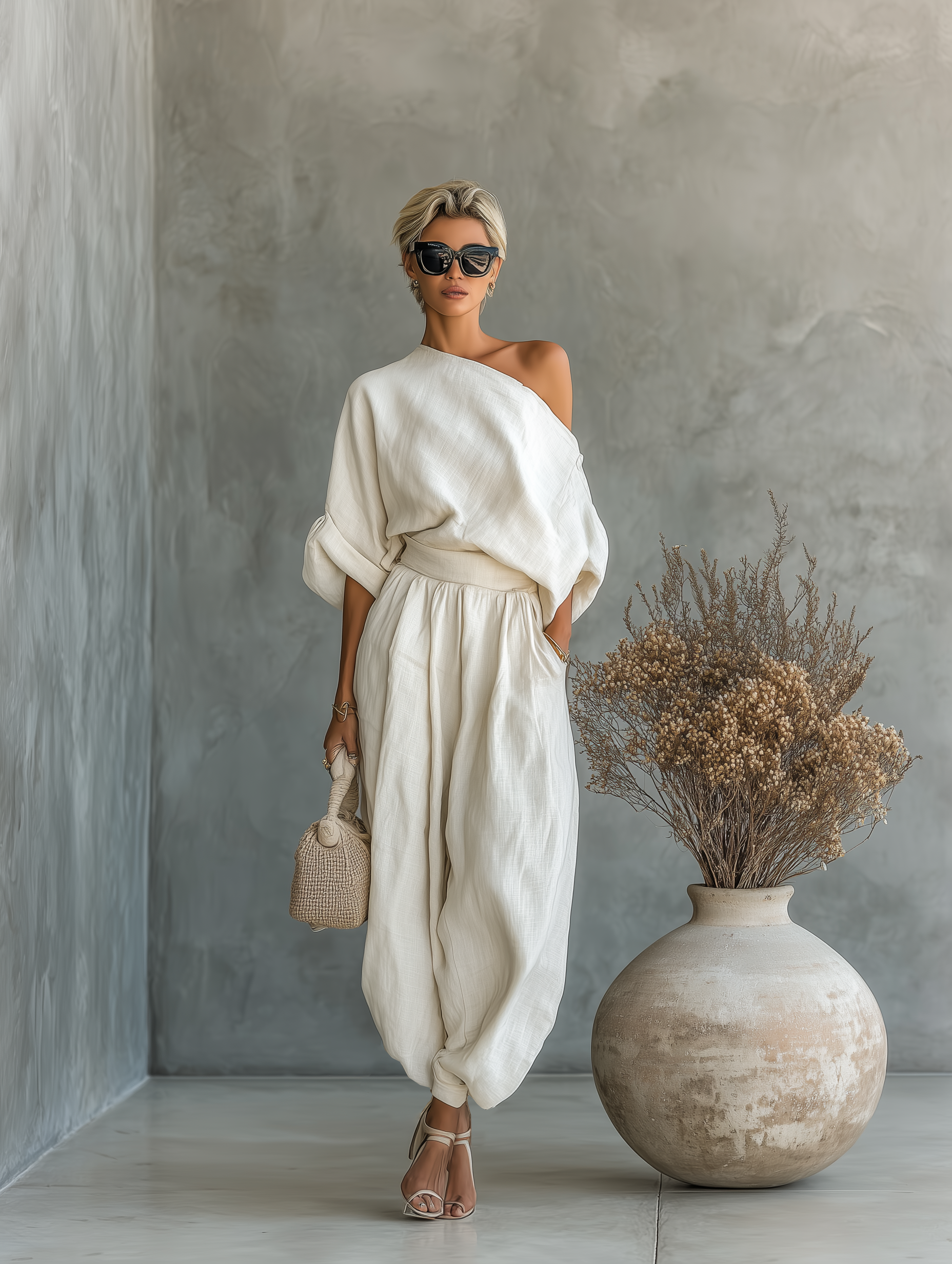 Women's Beige Ensemble featuring Off-Shoulder Blouse and Slim-Fit Trousers