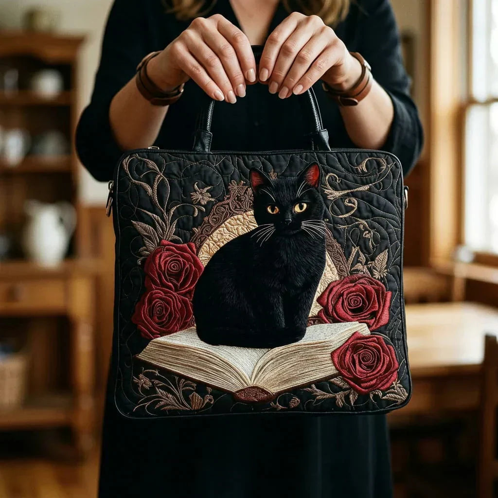 Quilted tote bag - Black cat on books (quilted)