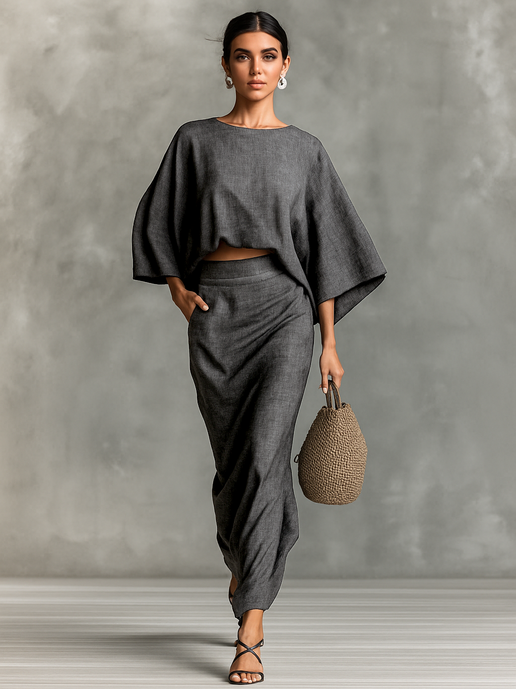 Two-piece ensemble featuring a flowing maxi skirt and oversized batwing sleeves