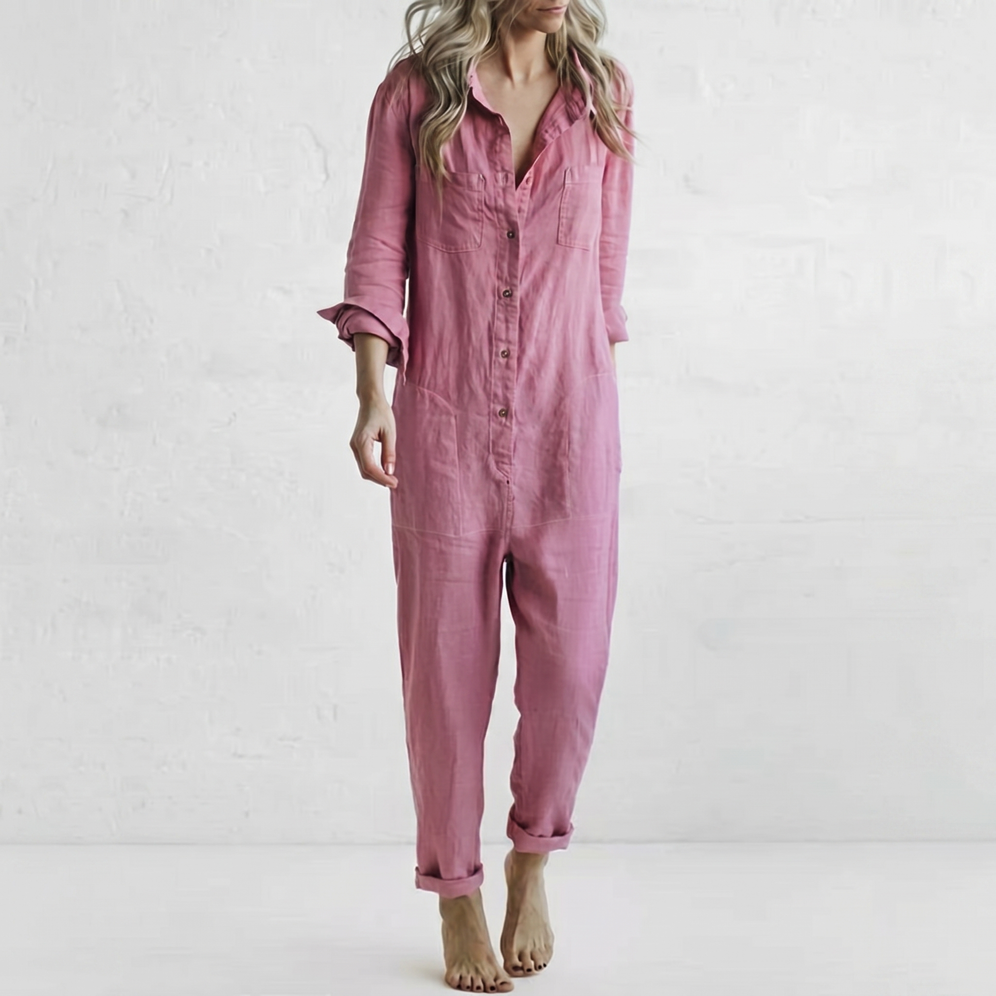 LooseStitch™ | Women's Long Sleeve Button-Down Jumpsuit