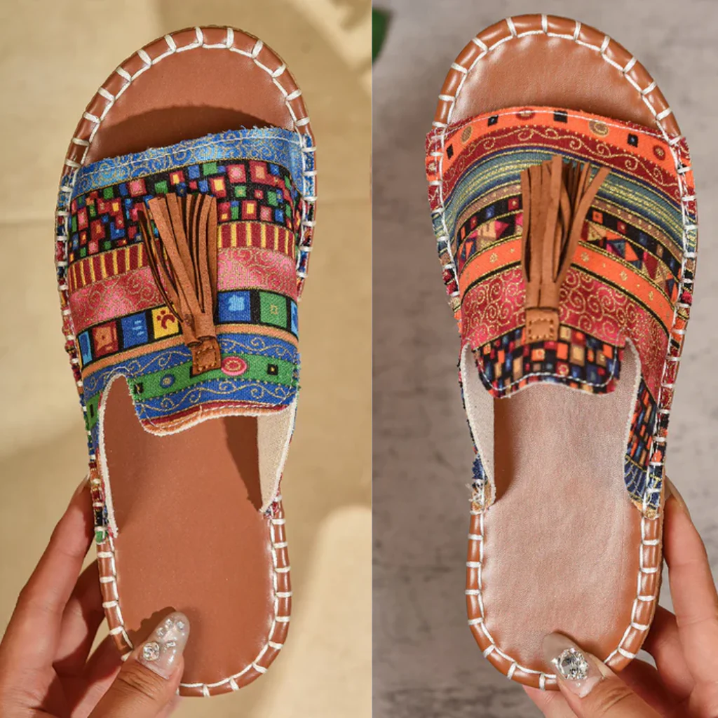 Maëva | Flat Bohemian Sandals with Ethnic Print and Fringes