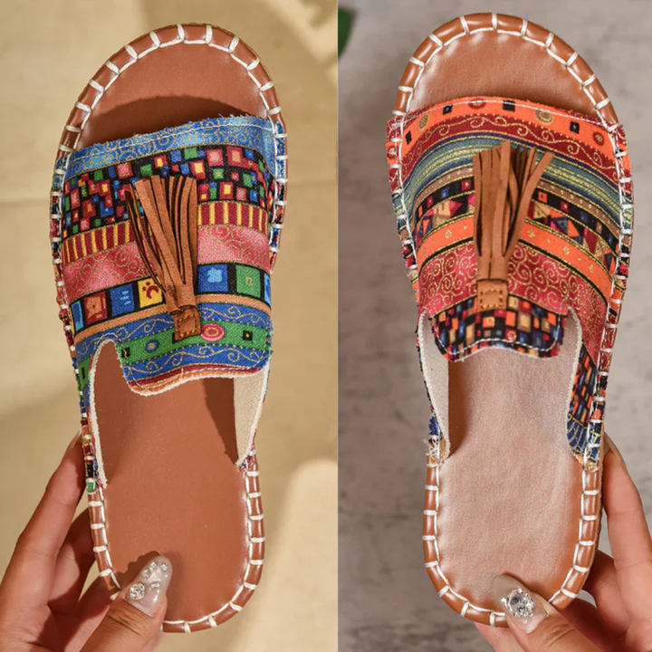 Maëva | Flat Bohemian Sandals with Ethnic Print and Fringes
