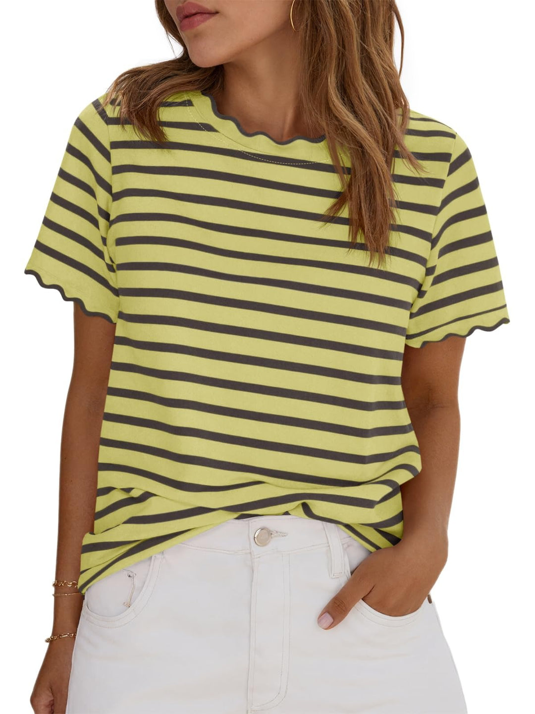 Women's Scalloped Crew Neck Striped T-Shirt