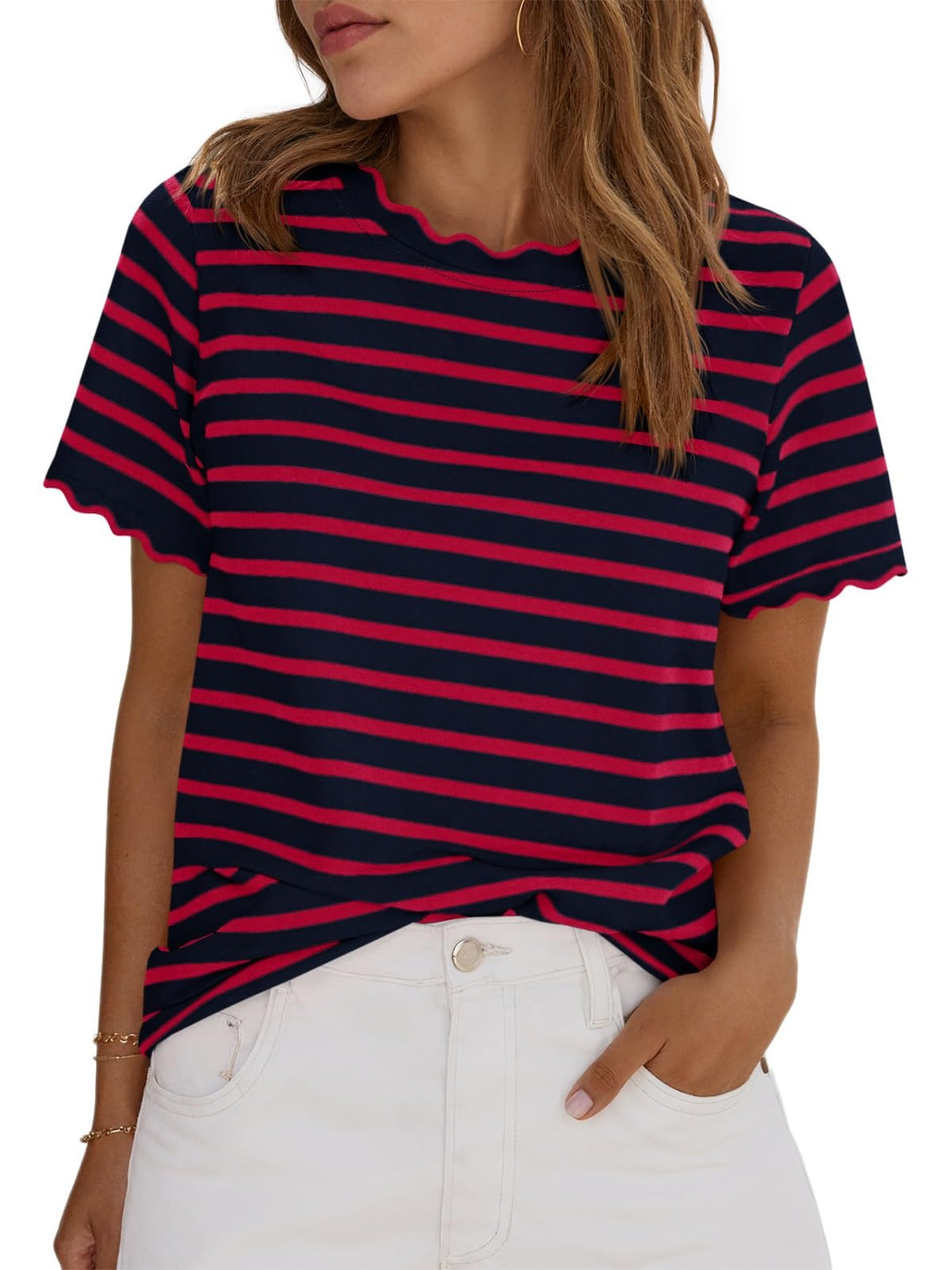 Women's Scalloped Crew Neck Striped T-Shirt