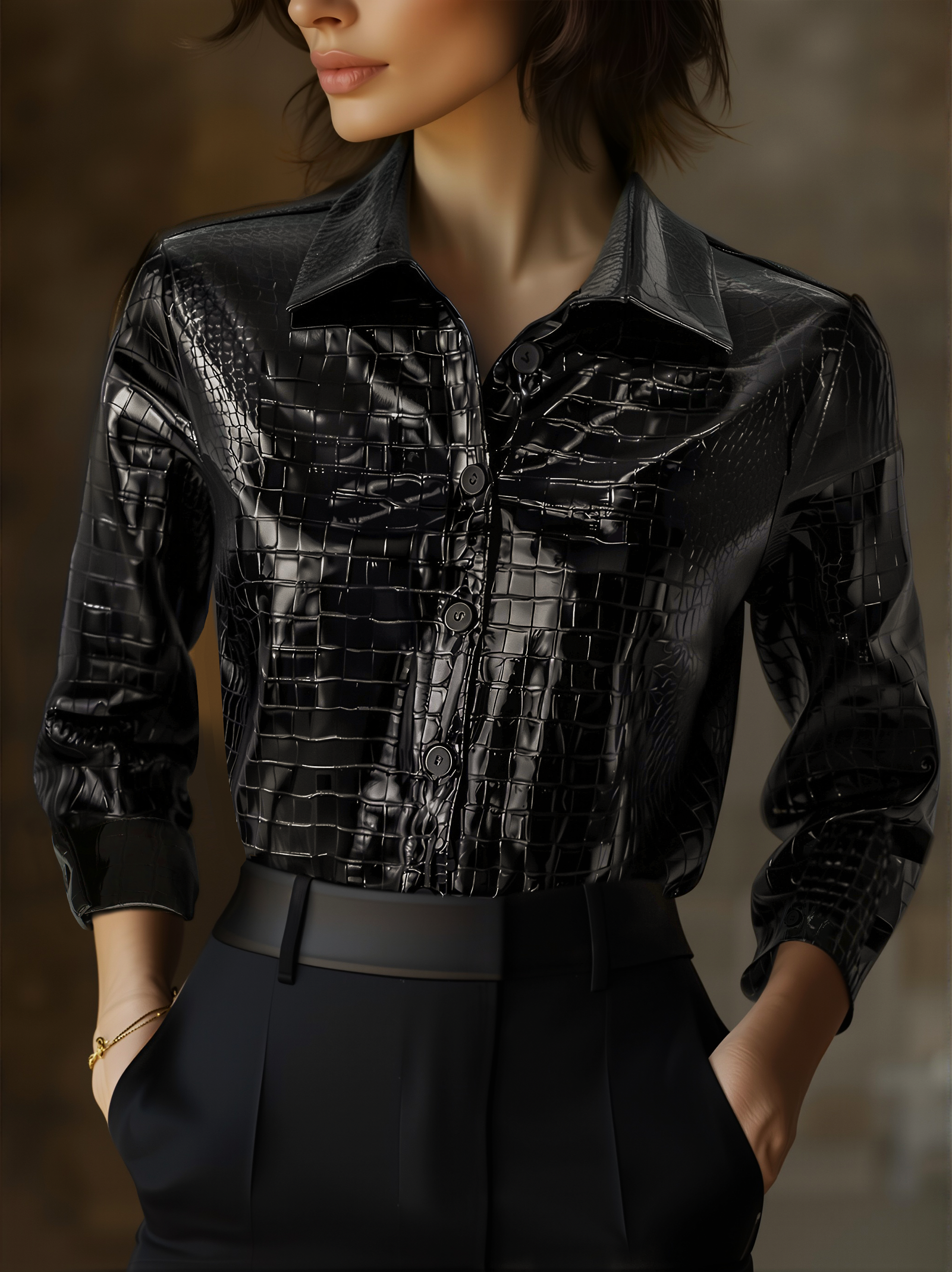 Shiny Black Alligator Patterned Blouse